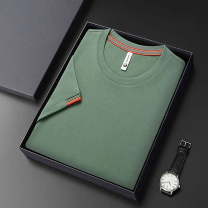 T-shirt à Manches Courtes pour Homme, Col Rond, Solide, avec Poignets Brodés, à la Mode, Confortable, Respirant et artificiel astique