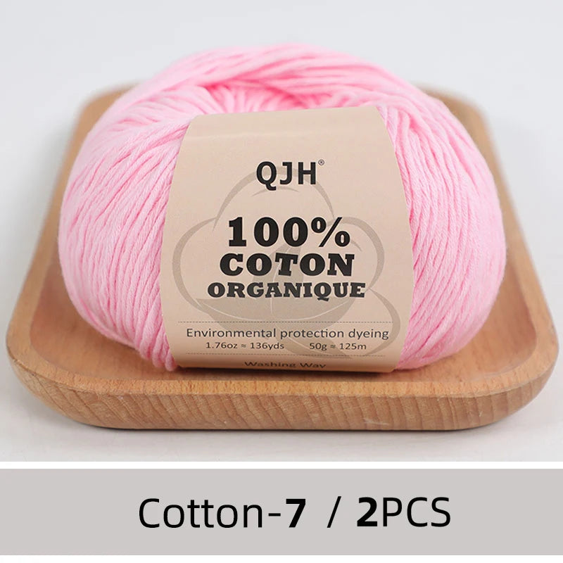 QJH Fil 100% coton biologique, fil pour tricoter, crochet et artisanat, paquet de 2 - 1,76 oz/136 mètres/1 pièce, léger, Dk