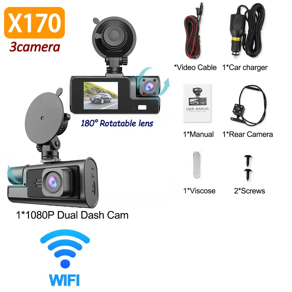 Caméra de Tableau de Bord pour Voiture, Enregistreur Vidéo 1080P, WIFI, DVR, dashcam voiture，dashcam voiture ，camera voiture，camera voitures Vue Avant et Arrière, Vision Nocturne, Boîte Noire, Accessoires, 3 Caméra