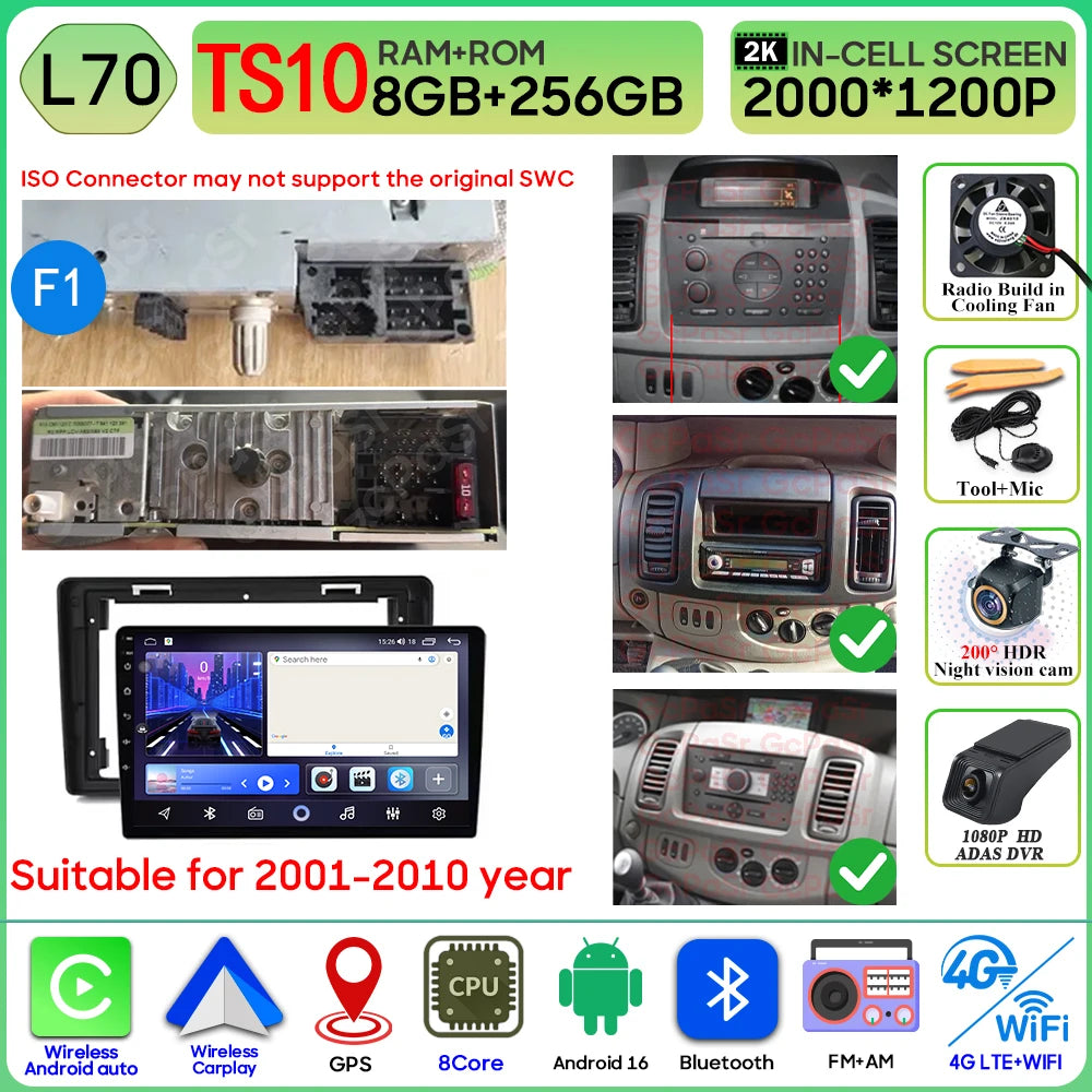 Autoradio Android 16 pour Renault Trafic 2 pour Opel Vivaro A pour Nissan primastar 2001 - 2014 GPS Navigation Carplay Android Auto