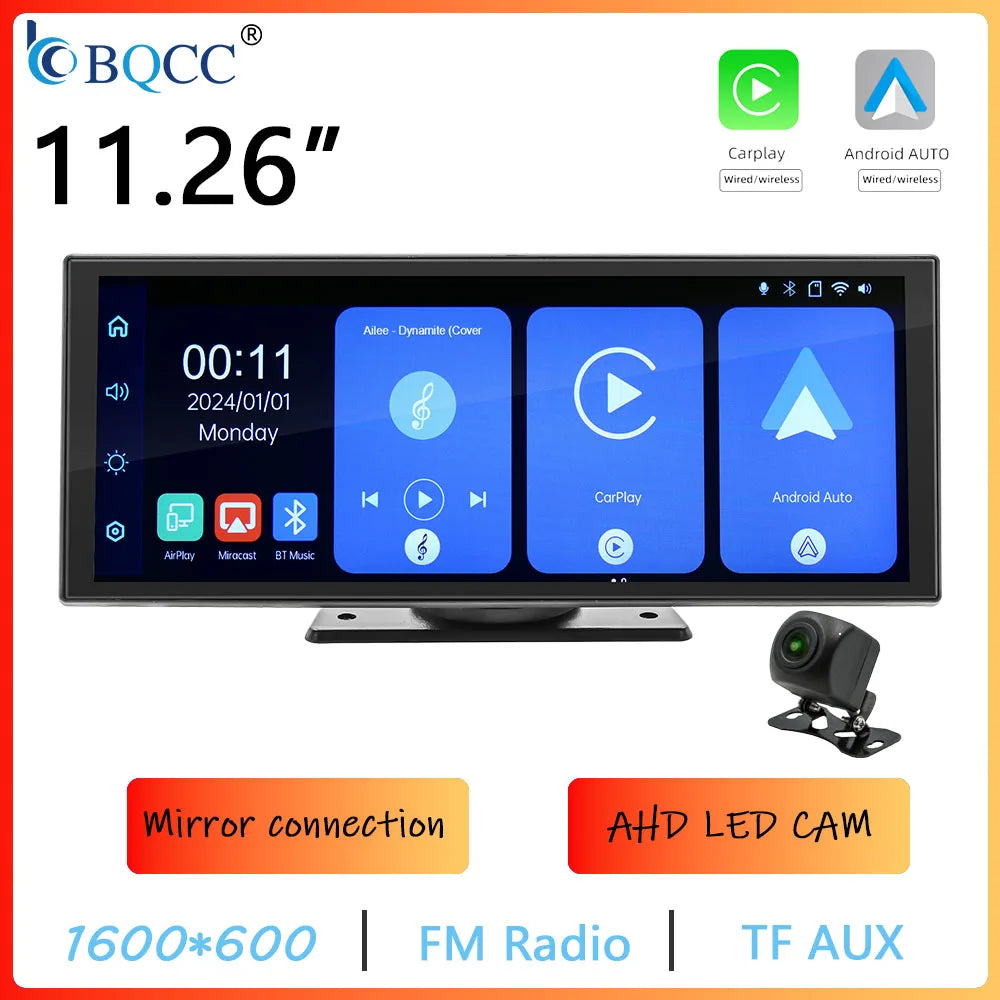 BQCC 11.26 pouces HD écran tactile pour support de voiture Portable universel sans fil Carplay Android Auto miroir BT TF lecteur de voiture