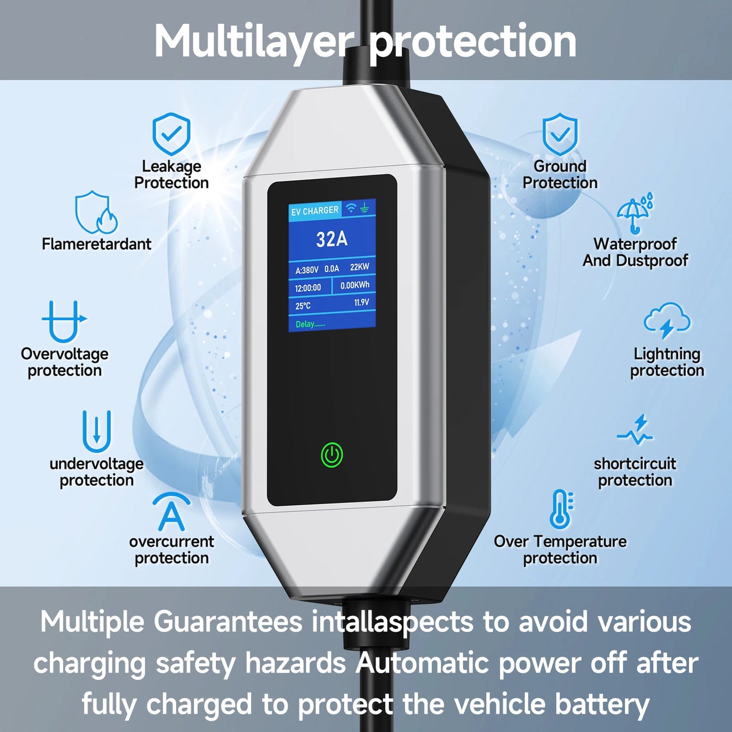 شاحن سيارات كهربائية محمول AFYEEV 22KW 32A 3 مراحل من النوع 2، مع تحكم عبر تطبيق Wi-Fi، صندوق شحن EVSE، محطة شحن لمركبات السيارات الكهربائية