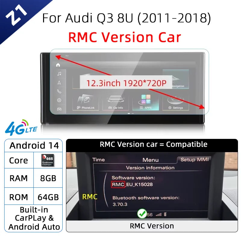 Android 14 sans fil CarPlay pour Audi Q3 8U 2011-2018 écran tactile Navigation WiFi DSP multimédia lecteur Radio accessoires