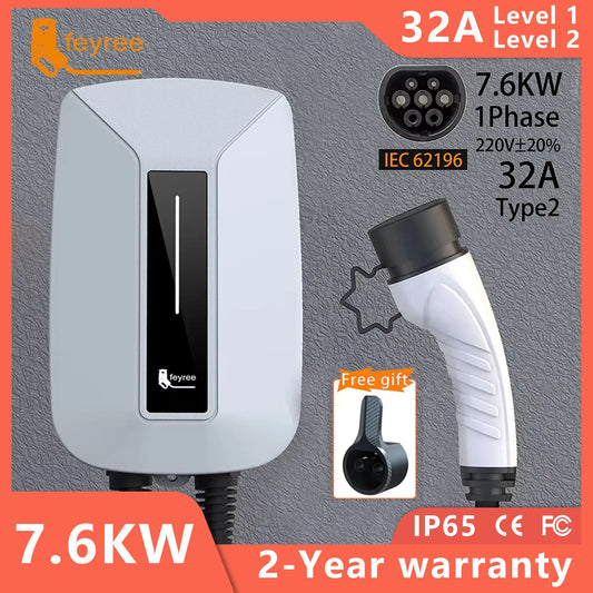 Feyree EVSE Wallbox 32A 7KW EV chargeur Type2 prise IEC62196-2 prise 1 Phase 5m câble Station de charge murale pour voiture électrique