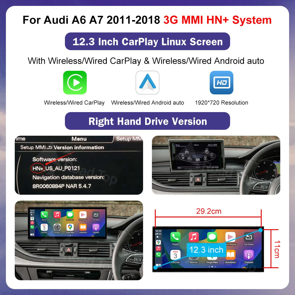 Autoradio multimédia stéréo pour Audi A6 C6 C7 A7 2011-2018 sans fil CarPlay GPS Navi lecteur Radio Bluetooth 12.3 "écran tactile