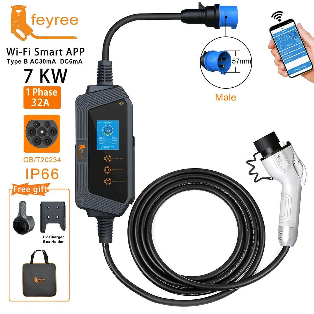 Feyree 7KW 32A شاحن سيارات كهربائية قابل للتعديل قابس GBT، نسخة تطبيق بلوتوث، إعداد وقت الشحن، صندوق شحن EVSE للمركبات الكهربائية