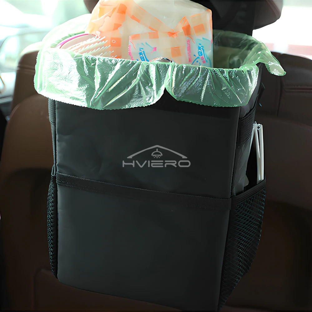 Poubelle avec Couvercle et Poches de Rangement pour Voiture, Étanche, Polyvalente, Noire, 100% Fuite