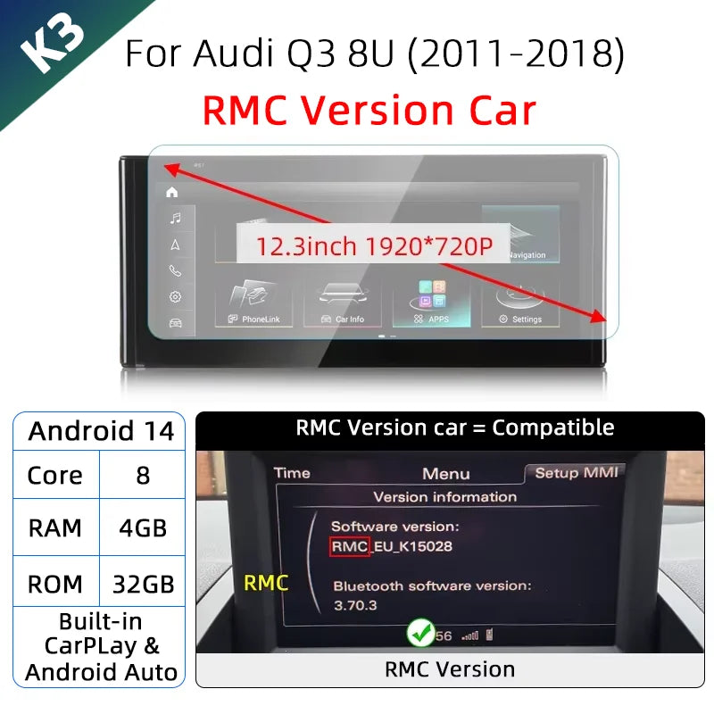 Android 14 sans fil CarPlay pour Audi Q3 8U 2011-2018 écran tactile Navigation WiFi DSP multimédia lecteur Radio accessoires