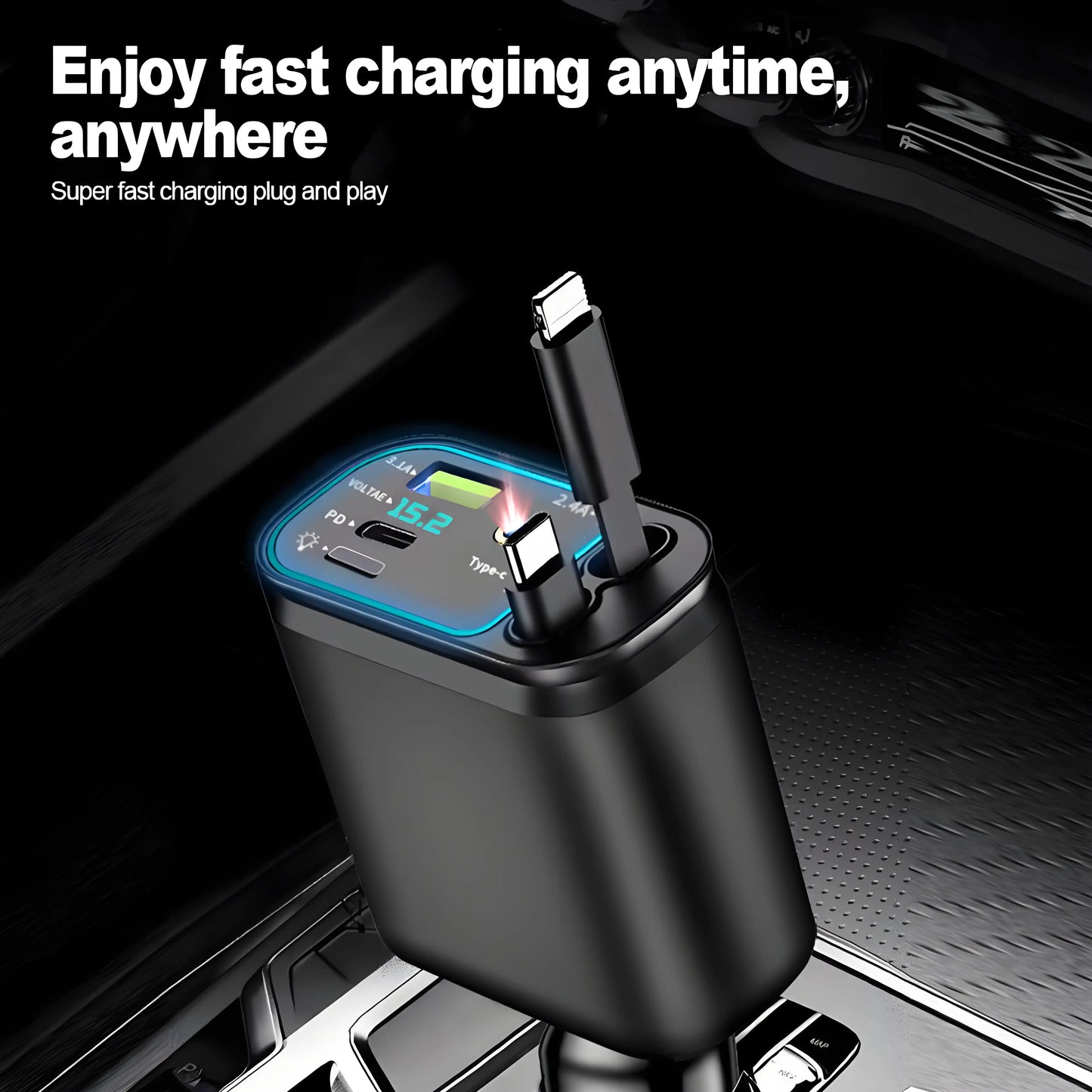 Chargeur de voiture rétractable 120W, avec toit Starlight, câble USB C, chargeur rapide, adaptateur allume-cigare pour IPhone Huawei Samsung