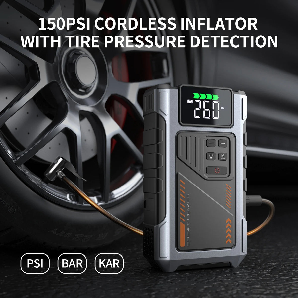 Démarreur de saut de voiture Portable avec compresseur d'air, pointe 3000A (gaz 7,5 L, 6,5 L Diesel), batterie de démarreur de saut avec pneu 150 PSl Inf