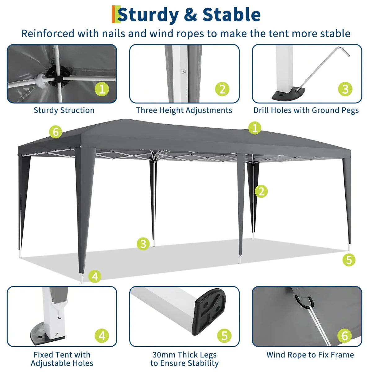 Tente de réception commerciale pliable 10x20, robuste, pour événements extérieurs, avec 6 parois latérales, imperméable, gazebo de fête et sac de transport