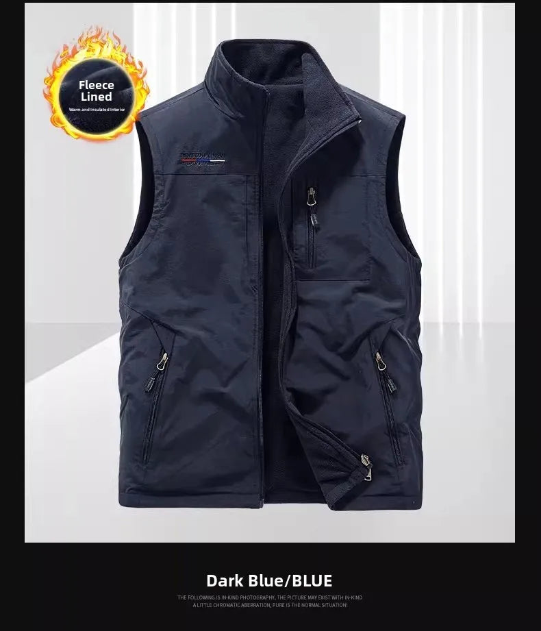 Gilet de sport d'extérieur en polaire épaisse pour homme, réversible, décontracté, coupe ample, fermeture éclair, couleur unie, automne-hiver
