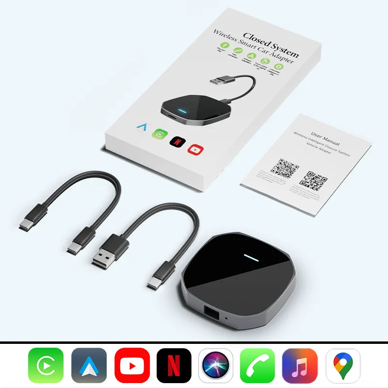 Adaptateur sans fil Android Auto Apple CarPlay double WiFi Plug And Play, boîtier intelligent AI avec Youtube Netflix IPTV TikTok, 2026
