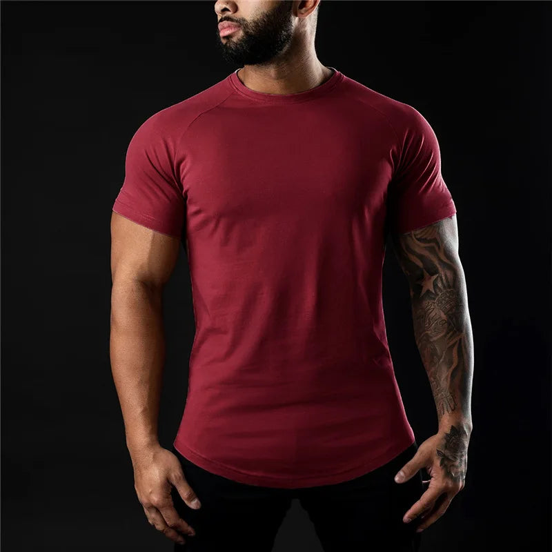 T-shirt de gymnastique uni pour hommes, vêtements de Fitness d'été, col rond, manches courtes, en coton, Slim Fit, musculation, entraînement