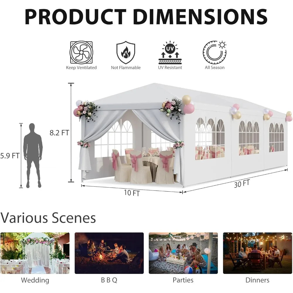 Tente de fête 10x30, auvent d'extérieur pour fêtes avec 8 parois latérales amovibles, abri de tonnelle robuste et étanche pour barbecue, mariage
