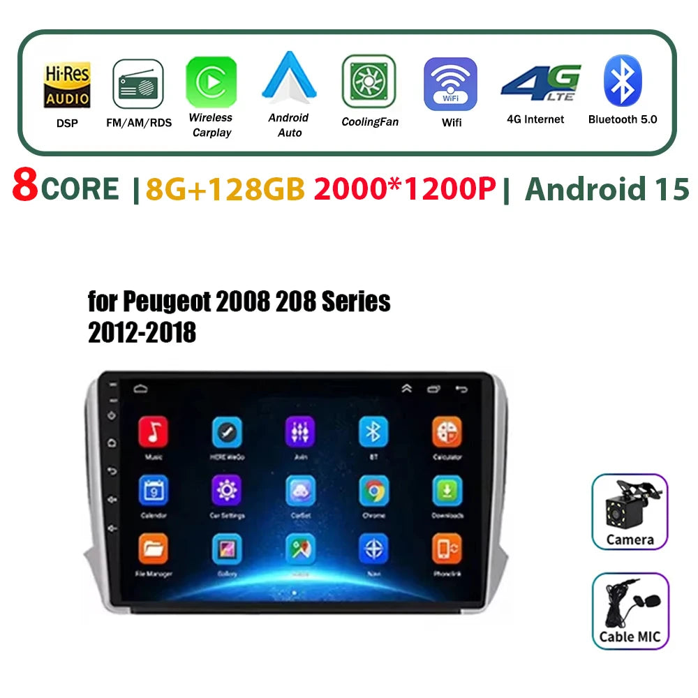 Autoradio multimédia Android 16 pour Peugeot 2008 208 Série 2012-2018 Lecteur Navigation GPS CarPlay sans fil Radio DVD Unité principale