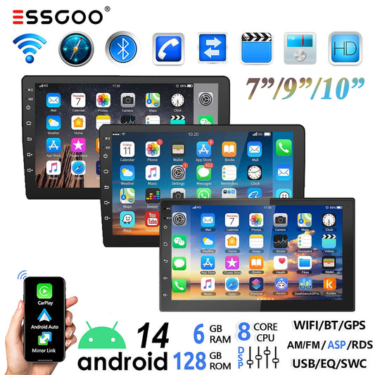 ESSGOO 7"/9"/10“ 2 DIN Android 14 8-Core 6+128G Autoradio Sans Fil Apple Carplay Android Auto GPS Navigation Bluetooth AM FM RDS WIFI Écran Tactile QLED 4G LTE USB Mirror Link Equalizer Commande au Volant