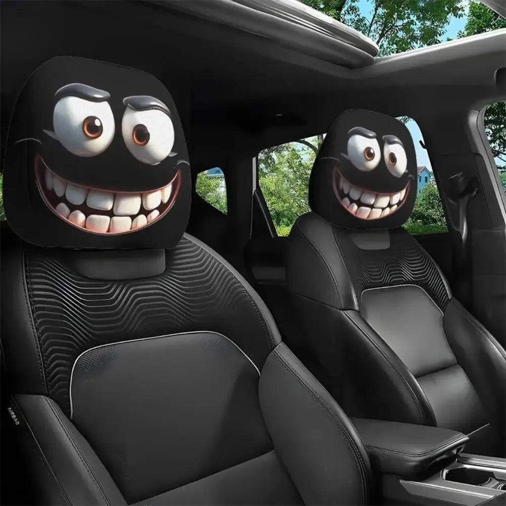 Housse d'appui-tête de voiture d'halloween, 2 pièces, imprimé tête de mort noire et conception d'expression drôle, protection de siège automobile extensible pour décoration effrayante