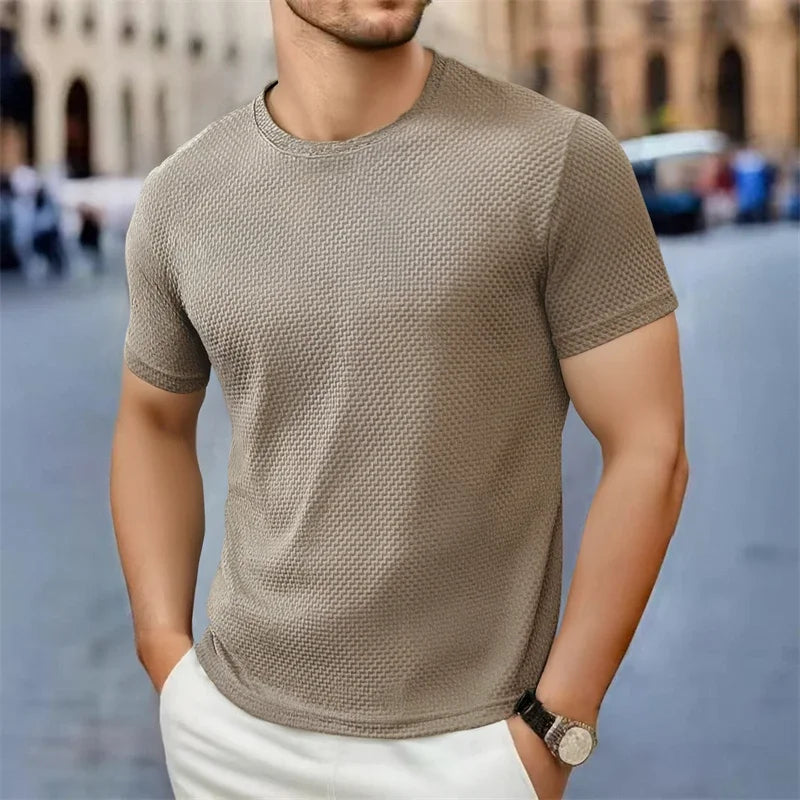 تي شيرت رجالي بأكمام قصيرة، كاجوال، بتصميم عظم الزهرة الجديد، لون سادة، ياقة دائرية، عصري، مسامي، مريح، قميص صيفي متعدد الاستخدامات، 2025