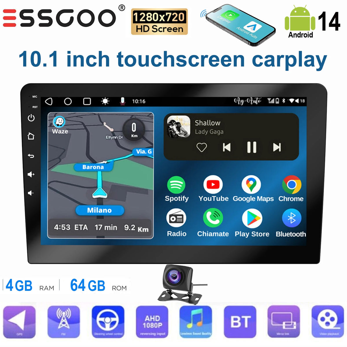 ESSGOO Écran Tactile 10.1 Pouces 2 DIN 2+64GB/4+64GB Autoradio Android 14 Carplay Sans Fil Android Auto GPS Navigation WiFi FM RDS Entrée Caméra Arrière Contrôle du Volant Mirror Link Bluetooth Écran Divisé USB