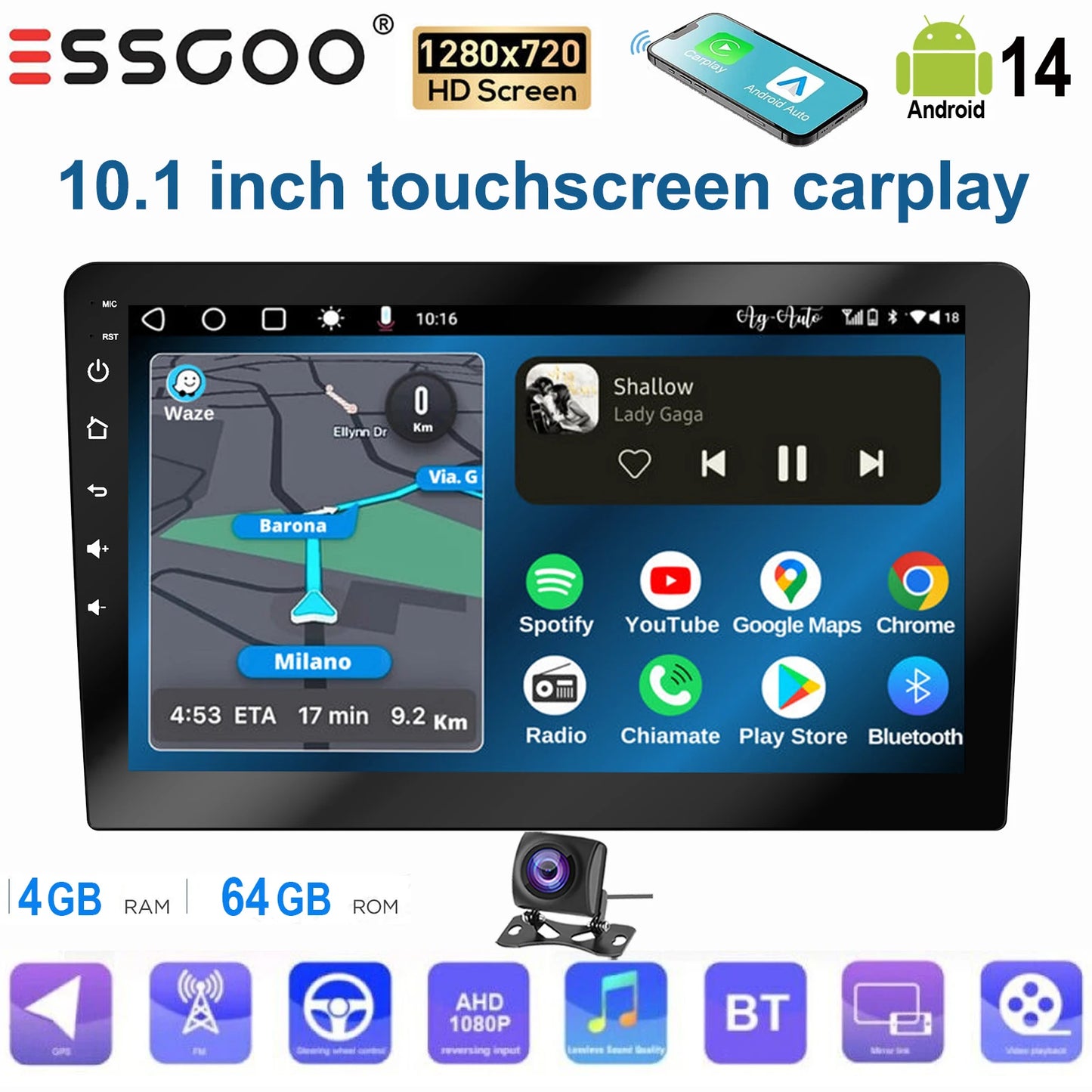 ESSGOO Écran Tactile 10.1 Pouces 2 DIN 2+64GB/4+64GB Autoradio Android 14 Carplay Sans Fil Android Auto GPS Navigation WiFi FM RDS Entrée Caméra Arrière Contrôle du Volant Mirror Link Bluetooth Écran Divisé USB