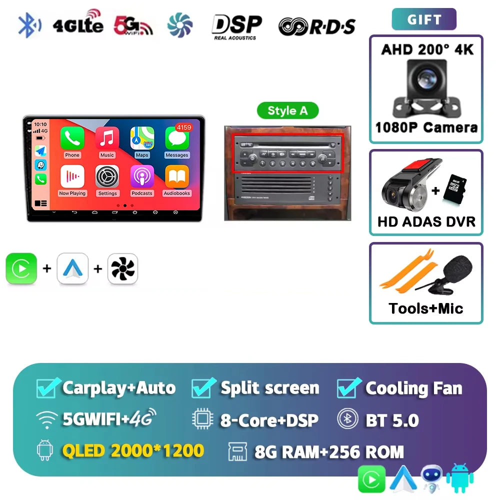 Autoradio Android 15 pour Peugeot 307 CC 307CC 307SW 2002 - 2013 sans fil Carplay Android Auto stéréo lecteur multimédia 4G 2 Din