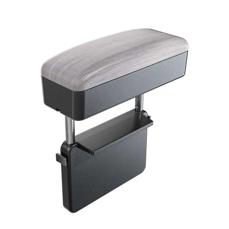 Accoudoir de siège auto - Boîte de rangement réglable pour voiture, en cuir PU motif bois, avec plaque de fixation ABS et piliers de support métalliques
