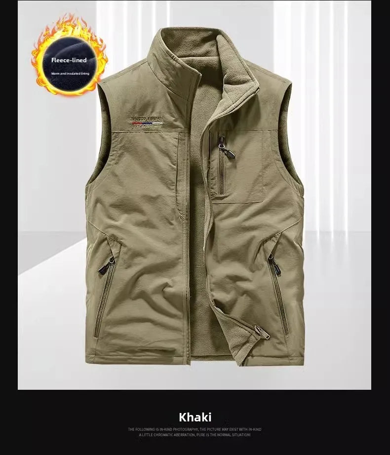 Gilet de sport d'extérieur en polaire épaisse pour homme, réversible, décontracté, coupe ample, fermeture éclair, couleur unie, automne-hiver