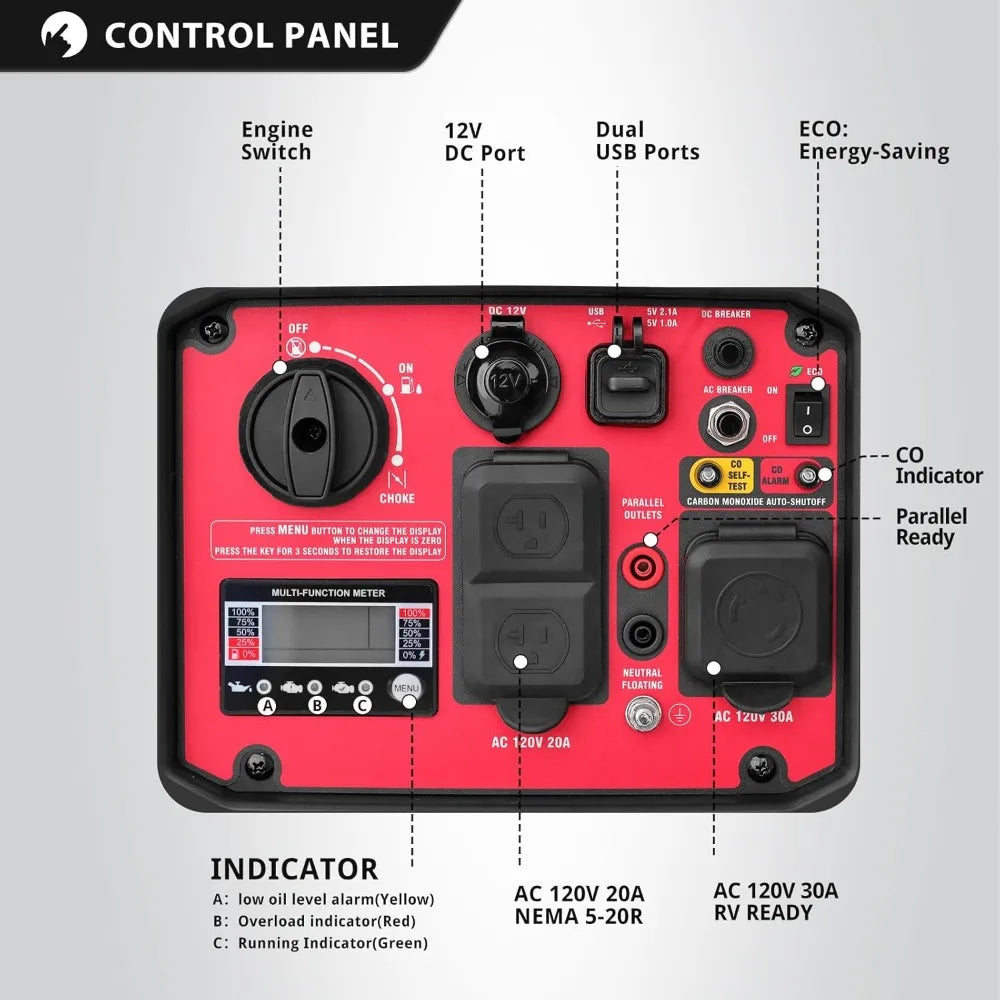 Générateur d'onduleur portable de 3600 watts avec protection CO, fonctionnement silencieux, 30 ampères RV-Ready