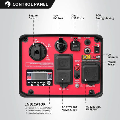 Générateur d'onduleur portable de 3600 watts avec protection CO, fonctionnement silencieux, 30 ampères RV-Ready