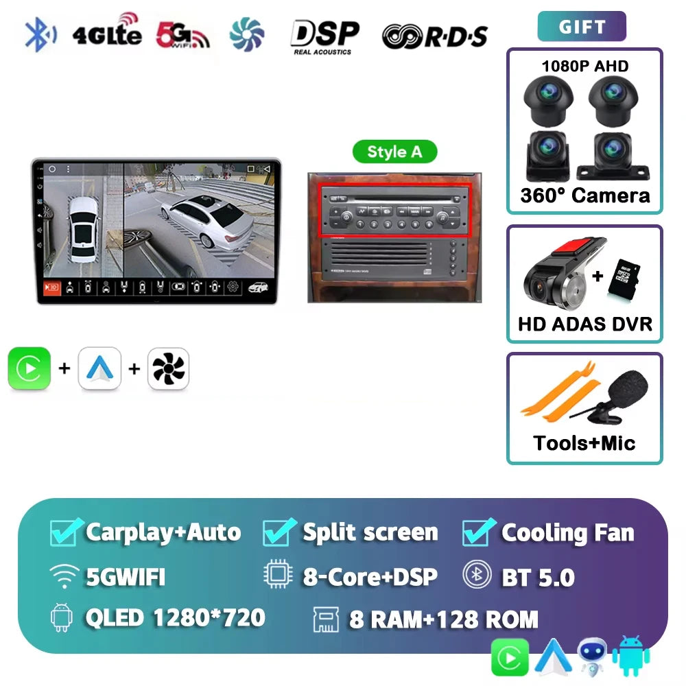 Autoradio Android 15 pour Peugeot 307 CC 307CC 307SW 2002 - 2013 sans fil Carplay Android Auto stéréo lecteur multimédia 4G 2 Din