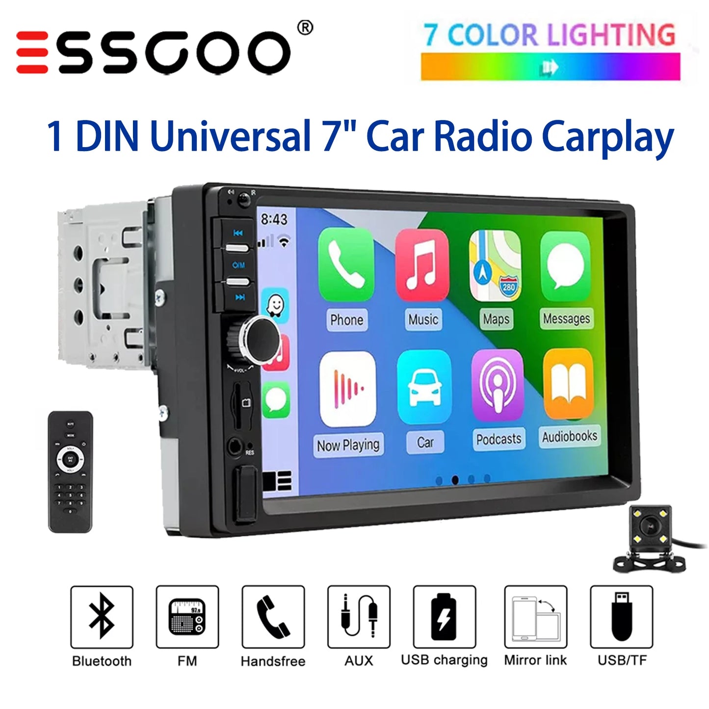 ESSGOO Carplay Android Auto 1 DIN 7 "Radio de voiture universelle BT TF EQ USB AUX TF USB HD lecteur multimédia à écran tactile avec 7 couleurs