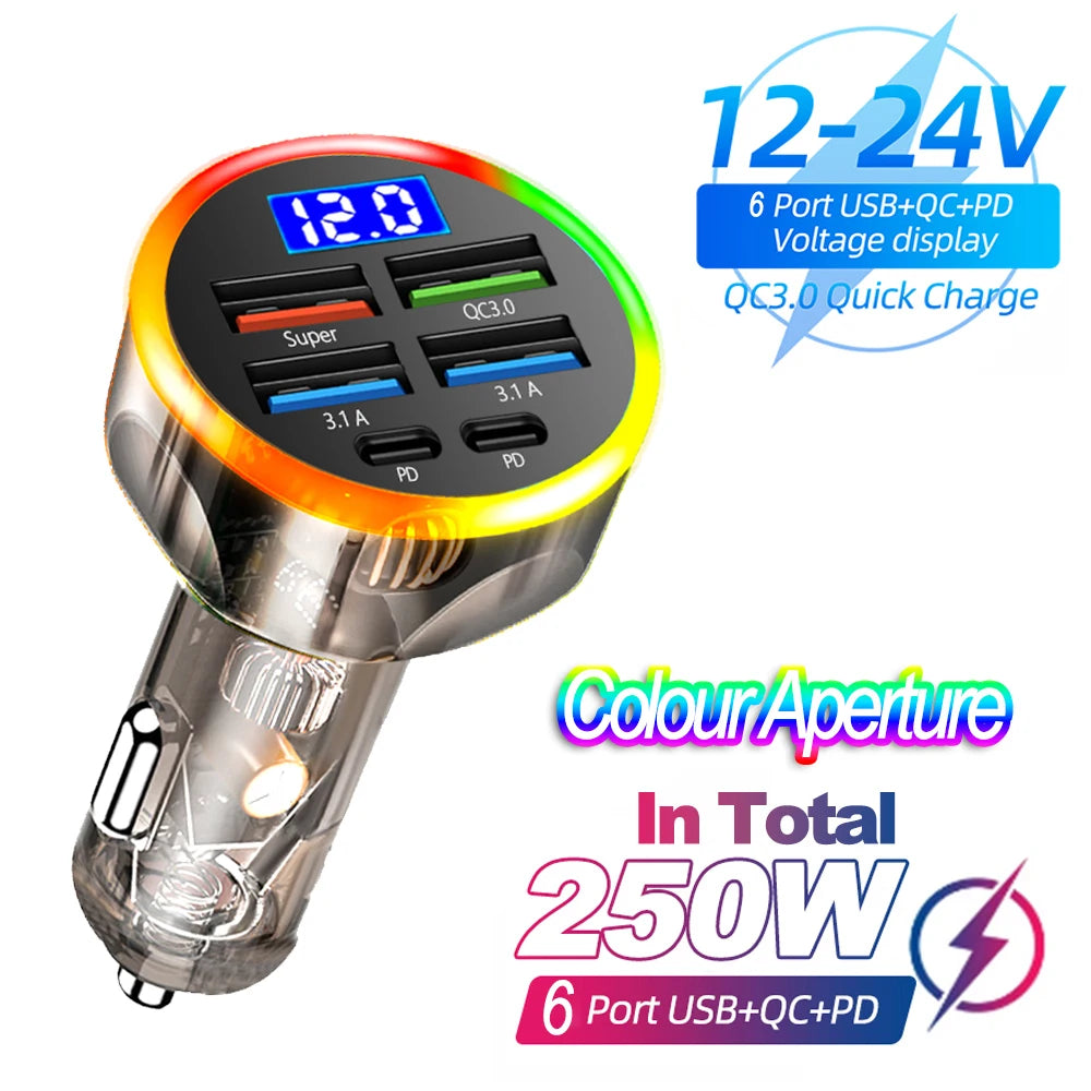 Chargeur de voiture à charge rapide, 66-250W, PD, QC3.0, une à six voitures, prise allume-cigare Laguna, charge flash avec affichage numérique