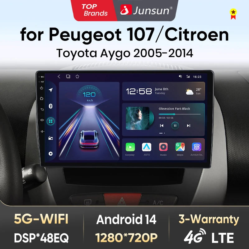 Junsun CarPlay sans fil pour Apple Auto autoradio stéréo pour Peugeot 107 Toyota Aygo citroën 2005-2014 GPS écran tactile multimédia