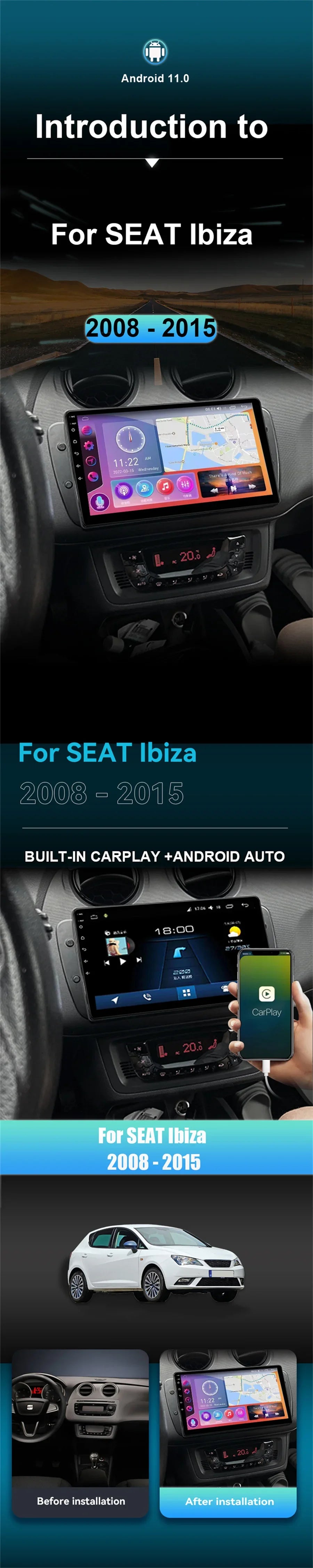 Pour Seat Ibiza 2012 2013 2014 2015 Android Auto Carplay Radio voiture lecteur vidéo multimédia GPS Navigation QLED écran tactile 4G