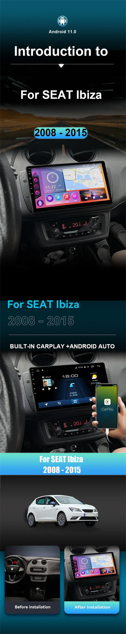 Pour Seat Ibiza 2012 2013 2014 2015 Android Auto Carplay Radio voiture lecteur vidéo multimédia GPS Navigation QLED écran tactile 4G