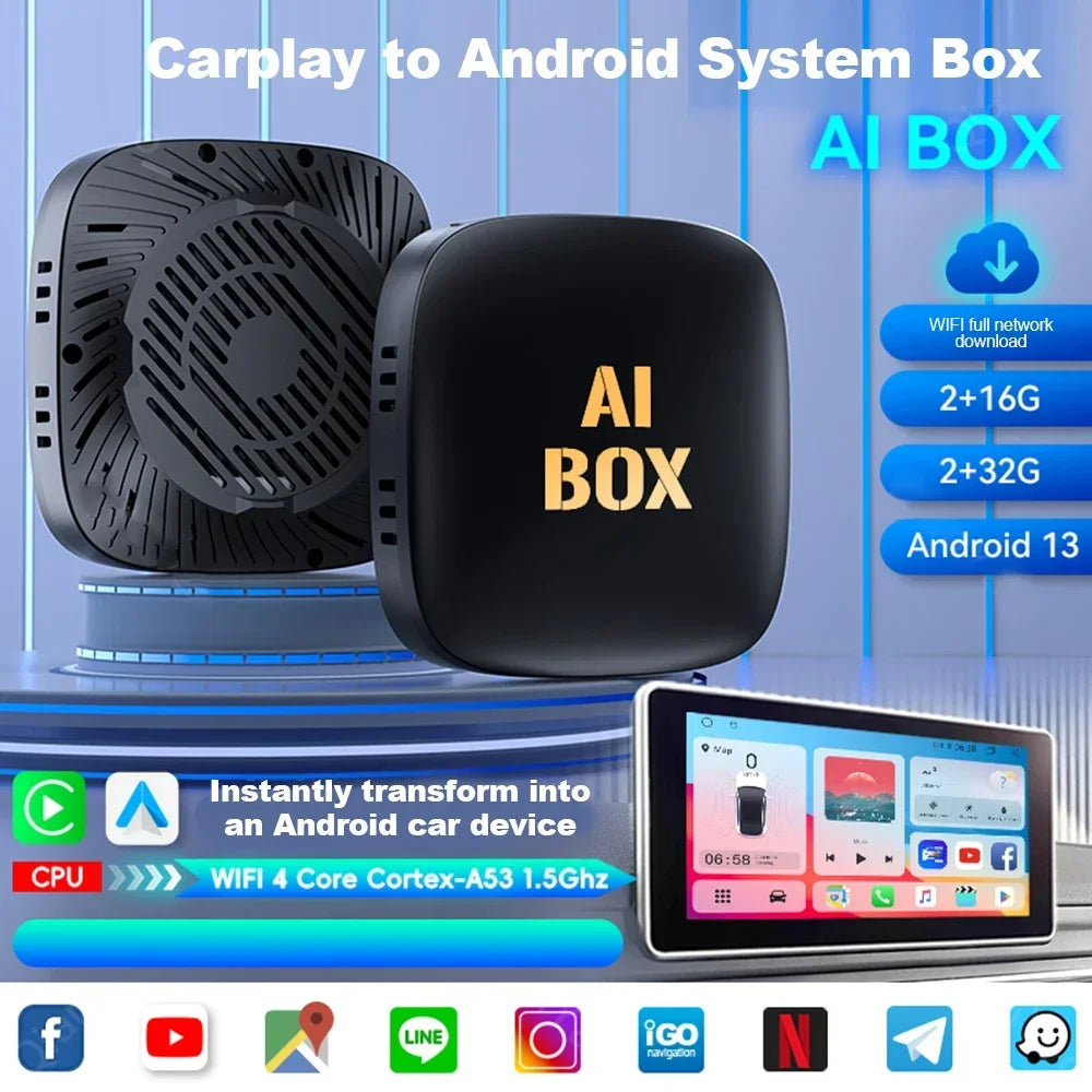 صندوق CarPlay AI بنظام Android 13 لاسلكي، فيديو سيارة تلقائي، تلفزيون، واي فاي، 2 جيجا بايت، 32 جيجا بايت لـ Netflix، يوتيوب بلاي PRTV، جديد