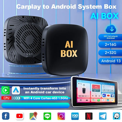 صندوق CarPlay AI بنظام Android 13 لاسلكي، فيديو سيارة تلقائي، تلفزيون، واي فاي، 2 جيجا بايت، 32 جيجا بايت لـ Netflix، يوتيوب بلاي PRTV، جديد