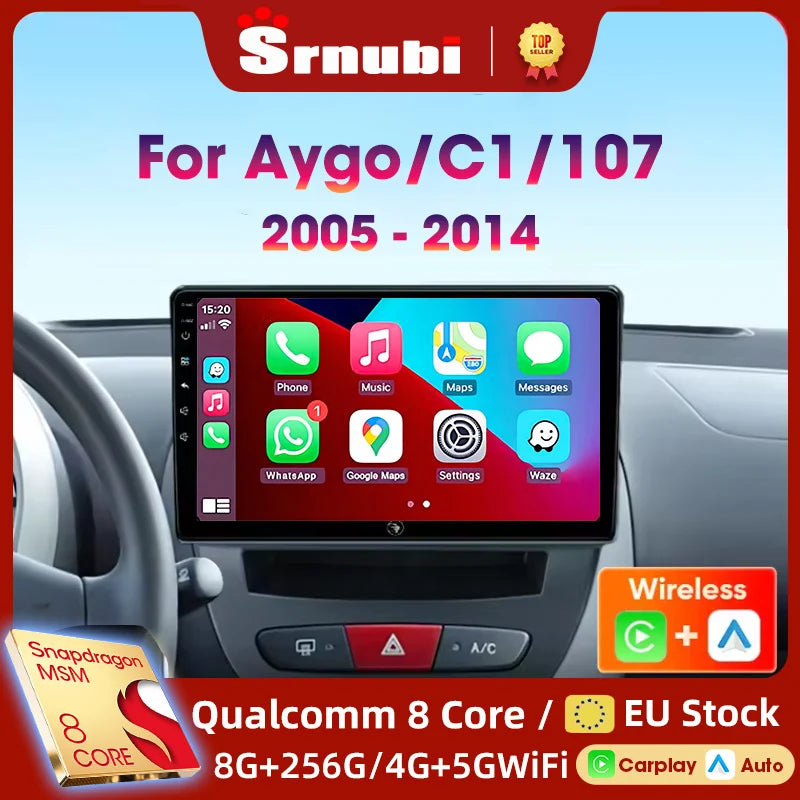 Srnubi autoradio pour Peugeot 107 Toyota Aygo citroën C1 2005-2014 sans fil Carplay Android Auto lecteur multimédia de voiture 2 Din