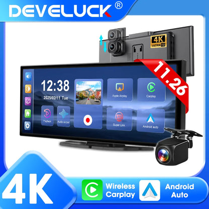 Develuck nouveau 11.26 pouces 4K DVR sans fil CarPlay et Android Auto Portable Dash Cam écran de voiture enregistreur vidéo 5G WIFI Navigation