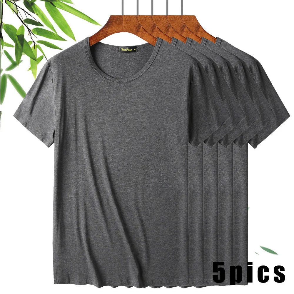 T-Shirt en Fibre de Bambou pour Homme, Confortable, Respirant, Col Ras du Cou, Slim, Manches Courtes, Solide, Décontracté, Été, Lot de 5