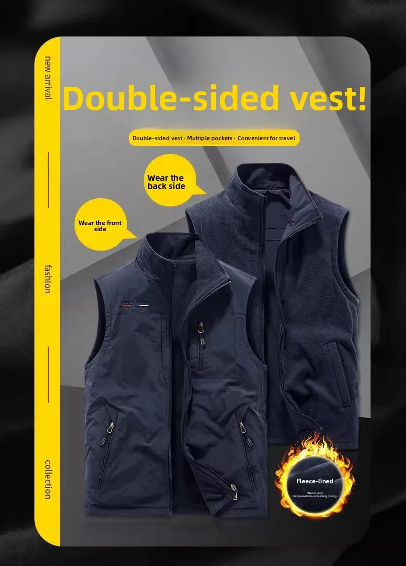 Gilet de sport d'extérieur en polaire épaisse pour homme, réversible, décontracté, coupe ample, fermeture éclair, couleur unie, automne-hiver