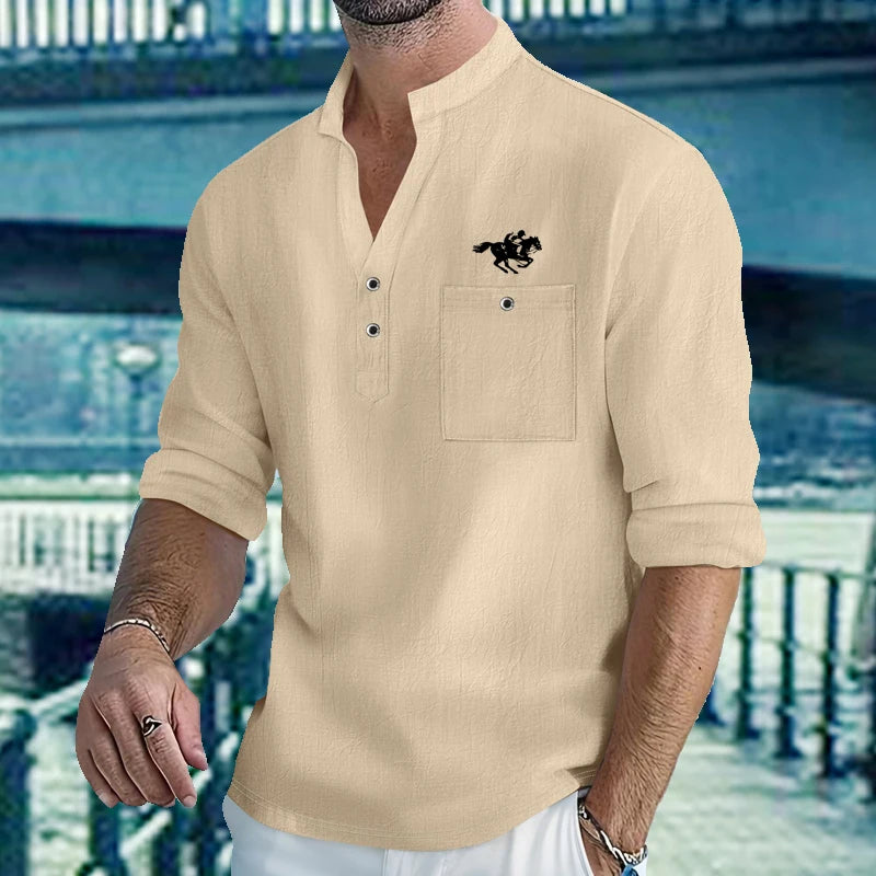 Chemises légères pour hommes, manches longues, en coton et lin, Henley, pour la plage, hawaïen, col en v, polo respirant