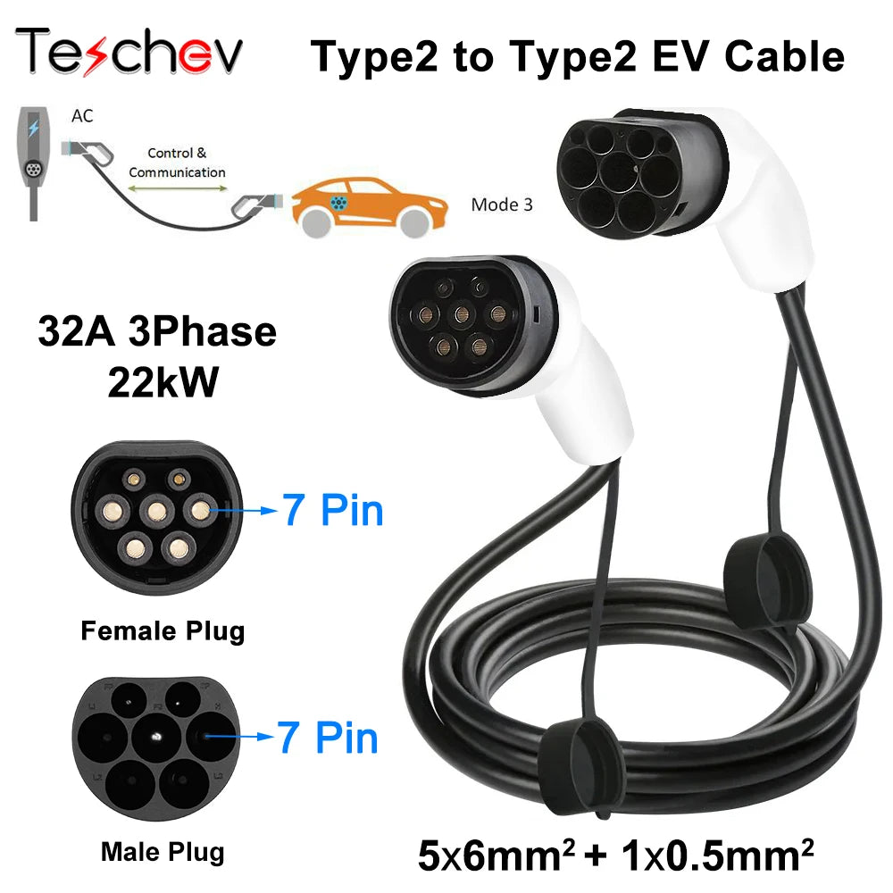 Câble de Chargement pour Voiture Électrique 16A/ 32A EV, 1 Phase/ 3 Phases, EVSE, Type 2, Femelle vers Mâle, Prise IEC 62196, 3m