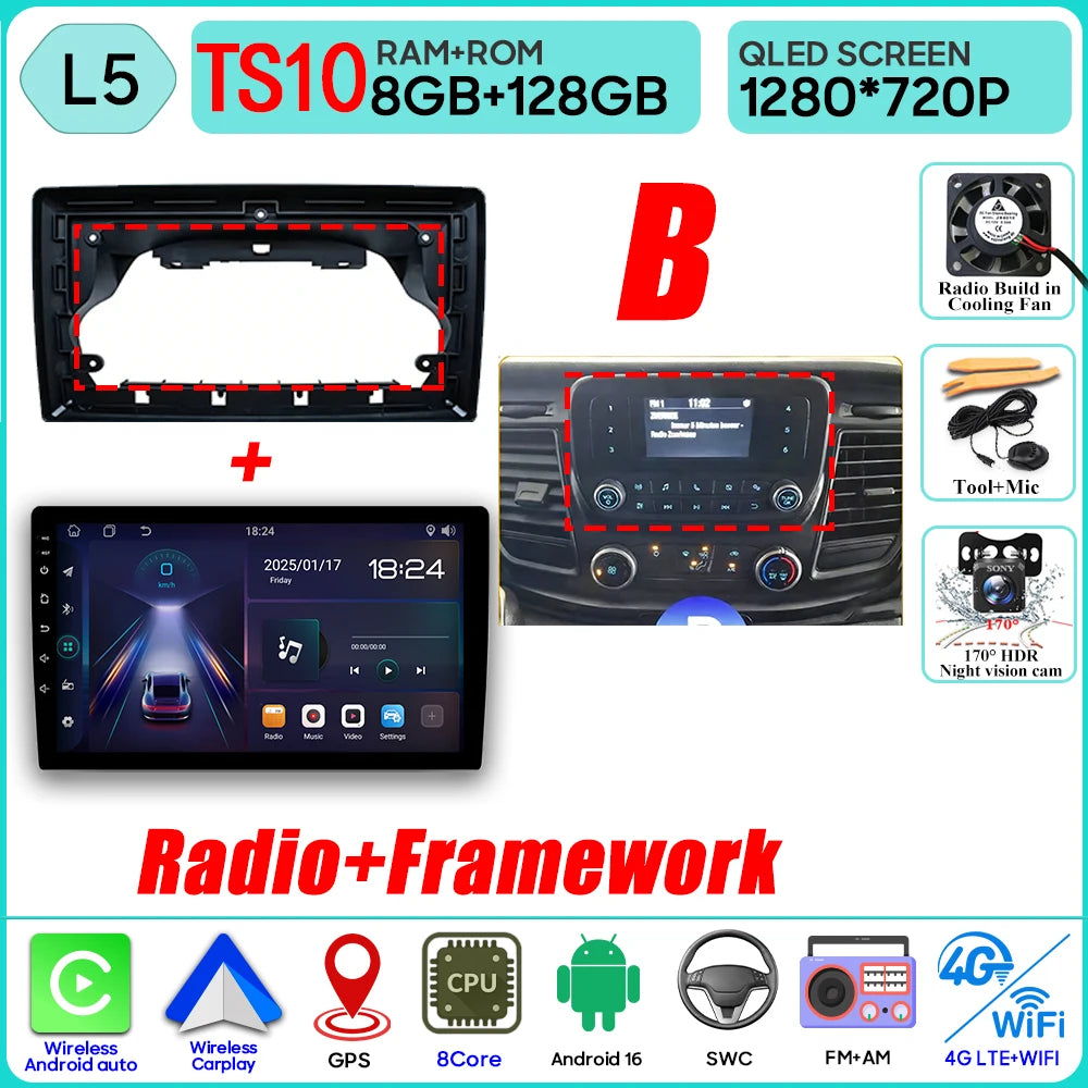 Autoradio Android 16 pour Ford Transit personnalisé Transit V363 350 lecteur multimédia Carplay Navigation GPS 4G Wifi vidéo stéréo 2din