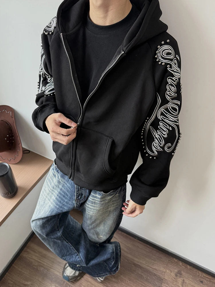 Nouveauté Printemps 2026 : Sweat à capuche décontracté pour homme, à manches longues, zippé, avec lettres imprimées et rivets, coupe ample et tendance