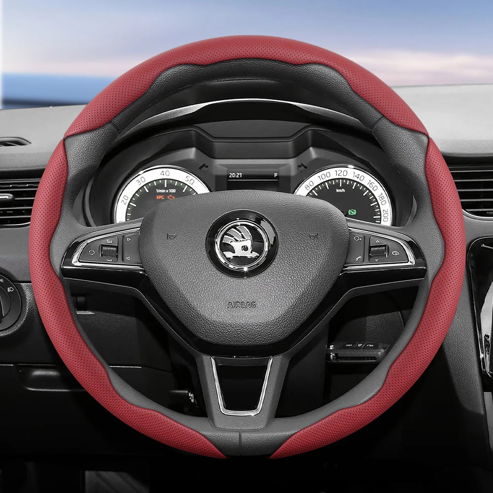 مناسب لـ Skoda غطاء عجلة قيادة من الجلد المسامي بتصميم مقطع سريع التحرير، مضاد للانزلاق ومتين، لسيارات Octavia Rapid Kodiaq Karoq Fabia Superb Kamiq Citigo Scala Combi Kylaq Kushag Slavia Black