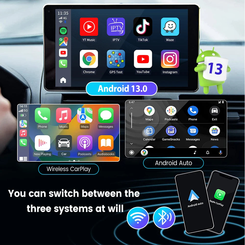 صندوق تلفزيون CarlinKit-Android 13 اللاسلكي للسيارة بنظام CarPlay AI، بمعالج QCM6125، ثماني النواة، شاشة مقسمة، 64 جيجابايت، 128 جيجابايت لـ Netflix، مع وعد بتشغيل PRPRU