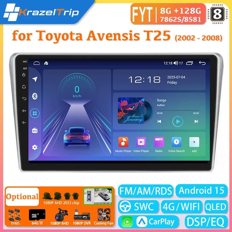 FYT 7862s 8 Core Carplay Android Auto autoradio pour Toyota Avensis T25 2002 2003 2004 2005 2006 2007 2008 Autoradio 4G DSP QLED