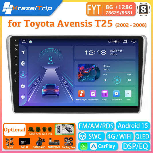 FYT 7862s 8 Core Carplay Android Auto autoradio pour Toyota Avensis T25 2002 2003 2004 2005 2006 2007 2008 Autoradio 4G DSP QLED